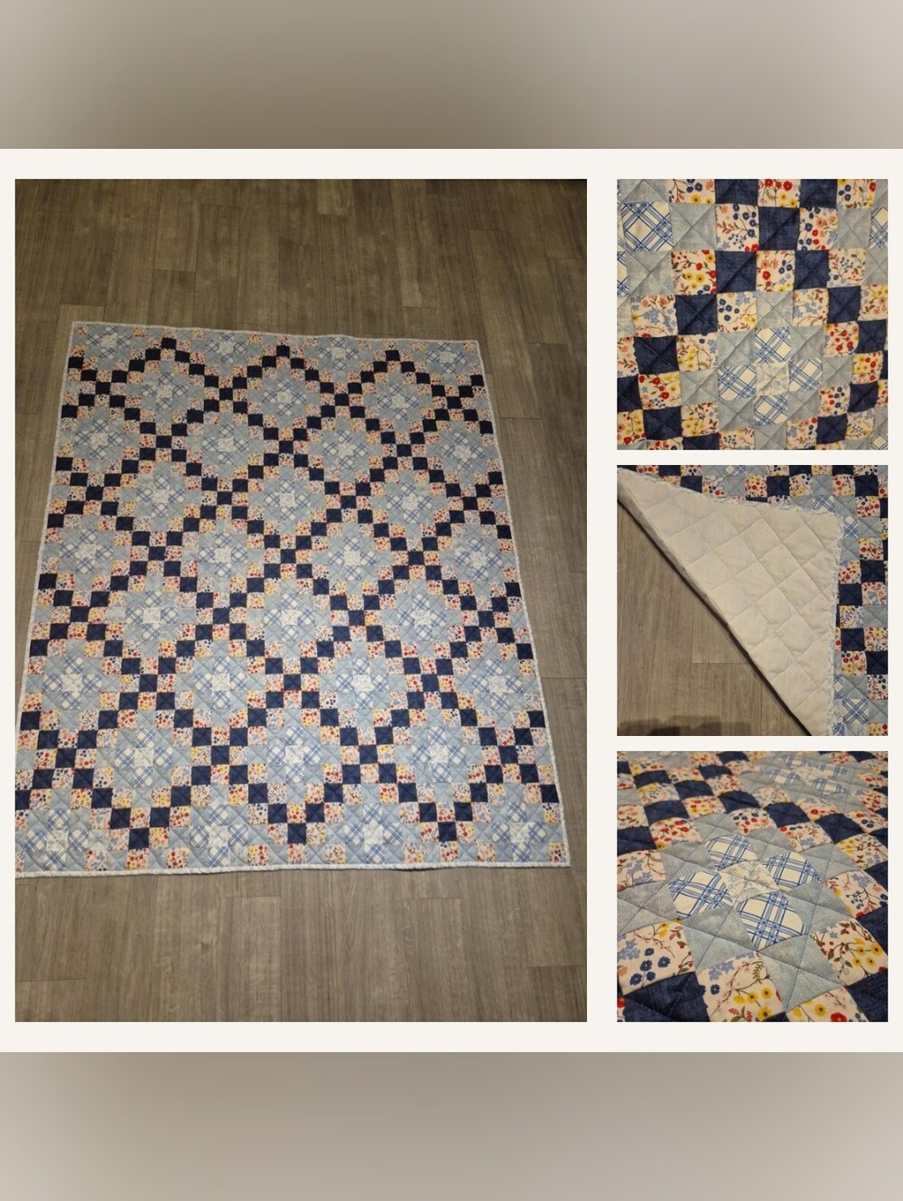 New Handmade Patchwork Floral Throw Quilt Blue Cottagecore 56.5” x 70”